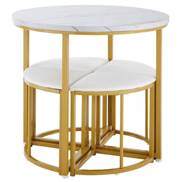 Matbord och 4 stolar - MDF-skiva, guldpläterad järnram och vita sammetsdynor - vit och guld