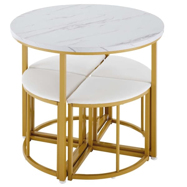 Matbord och 4 stolar - MDF-skiva, guldpläterad järnram och vita sammetsdynor - vit och guld