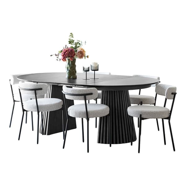 Tokyo spisegrupper spisebord inkl. 2 ileggsplater Ø120x120-160-200 cm sort og 6 stoler bouclé hvit.