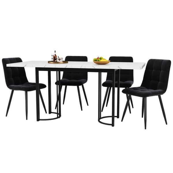 Svart modernt matbord och stolset, 5-delat set, 4 matstolar i sammet, metallinramat rektangulärt matbord