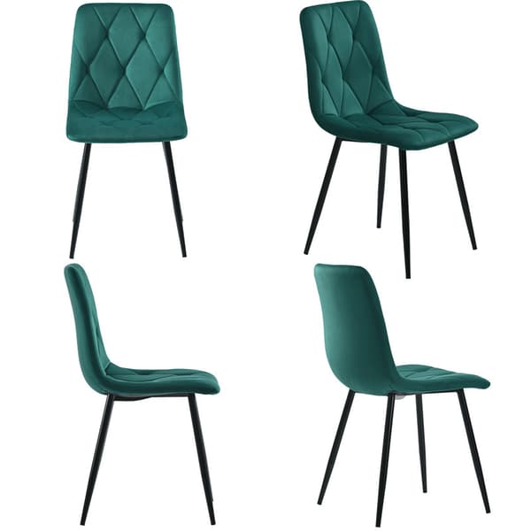 Modernt kök matbord och stolset, 5 stycken, runt matbord, svarta metallben, 4 gröna ergonomiska stolar