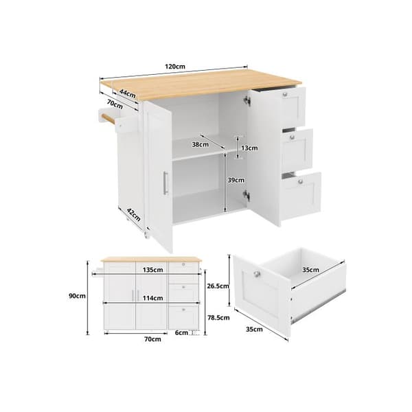 L 135*L 44(70)*H 90 cm Stor mobil köksbord, ekskiva, vikbart design