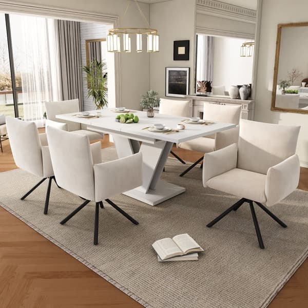 Matgrupp med utdragbart bord 120/160x80 cm vit & 6 beige stolar i linne, förtjockad bordsskiva & V-formade ben