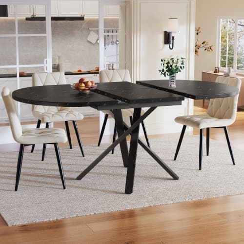 5-delad Matbord Set med Runt Utdragbart Bord (100-140 cm) och 4 Beige Velourstolar – Modernt Matbord för 4-6 Personer med Utdragbar Funktion