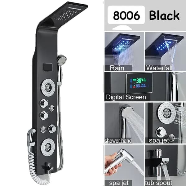 Luksus Brusepanel, Vandfaldsregn Design, Massagestråler og Bidetarmatur, Sort 8009 Black 8006
