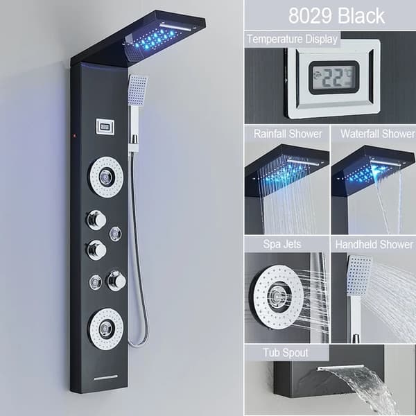 Brusepanel, LED Vandfaldsdesign, SPA Massagestråler, 8029 Sort