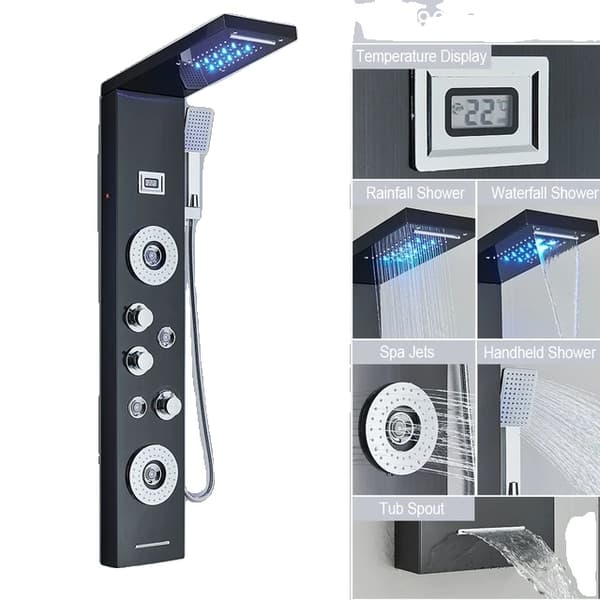 Brusepanel, LED Vandfaldsdesign, SPA Massagestråler, 8029 Sort 8029 Black