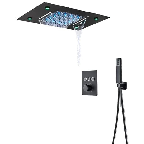Badeværelse Brusehane Sæt, LED-lys, Termostatisk Kontrol, Mat Sort LED