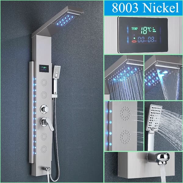 Multifunktionell Duschpanel med LED-display, rostfritt stål, väggmonterad,Nickel-F-8003