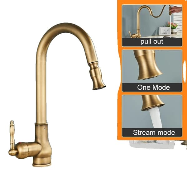 Antik Messing Køkkenvaskarmatur, Udtrækkelig Funktion, Strålesprøjte,øjleAntik Messing Bøjle Antique Brass A