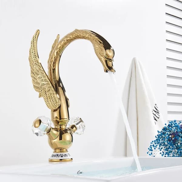 Messing Svane Håndvaskarmatur, Dobbelt Håndtag, Guld Finish,Guld