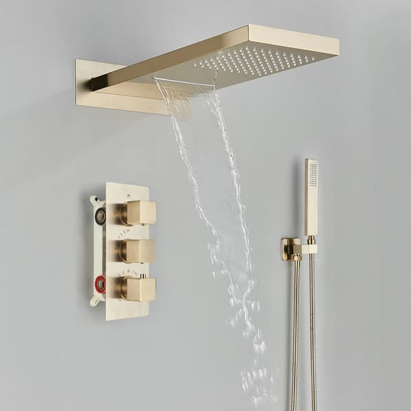Brusearmatur, Vandfaldsdesign, Termostatventil,Børstet Guld