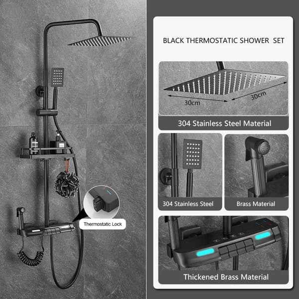 Badevandsarmatur, Termostatisk kontrol, Digitalt display,Sort-12tommer