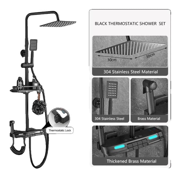 Badevandsarmatur, Termostatisk kontrol, Digitalt display,Sort-12tommer