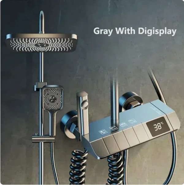 Badrum Duschkran Set, Digital Temperaturvisning, Termostatisk Kontroll,Grå med Digisplay