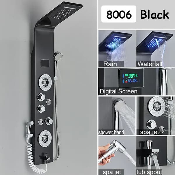 Luksus Brusepanel, Vandfaldsregn Design, Massagestråler og Bidetarmatur, Sort 8006