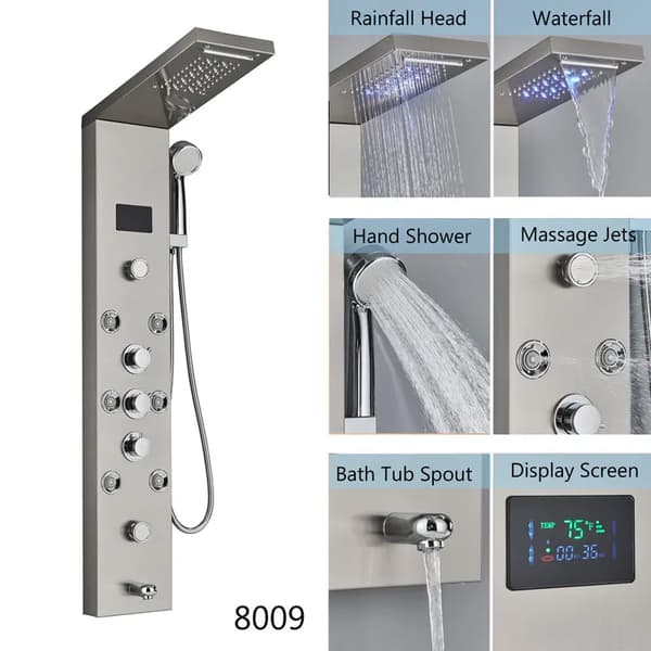 LED Duschpanel med 5 lägen, digital temperaturvisning, mässingskropp,Borstad 8009