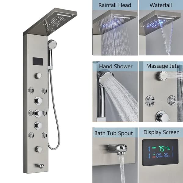 LED Duschpanel med 5 lägen, digital temperaturvisning, mässingskropp,Borstad 8009