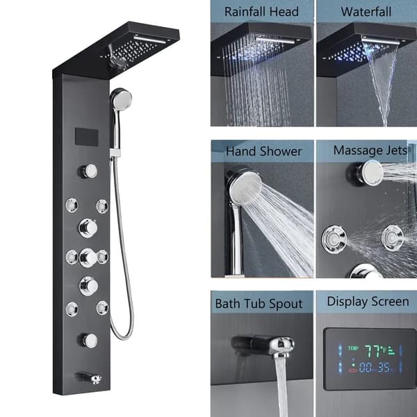 LED Duschpanel med 5 lägen, digital temperaturvisning, mässingskropp,Svart 8009