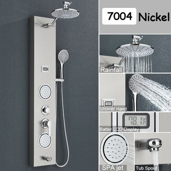 Regnbruser brusepanel system, spa kropsmassagestråler, LCD-temperaturvisning.,Børstet Nikkel 7004