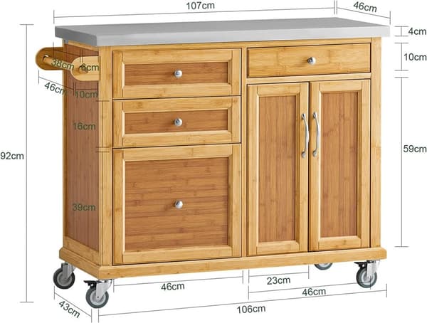 Rootzin keittiön säilytysvaunu - Kitchen Island - Keittiökaappi - Kaappi - Senkki, jossa ruostumattomasta teräksestä valmistettu kansi