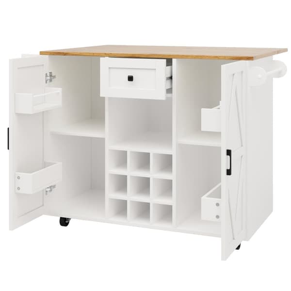 Mobil köksö - Utdragbar arbetsstation - 1 låda och 3 dörrar med hyllor - med handdukstork - MDF - vit och natur