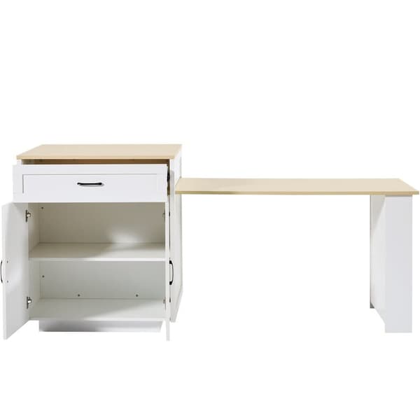 Keittiösaareke, jossa 2 ovea ja 2 laatikkoa - Ulosvedettävä työpiste - Avoimet hyllyt - 133(202)x59x93.5 cm - 2-6 hengelle - Valkoinen+luonnonvärinen