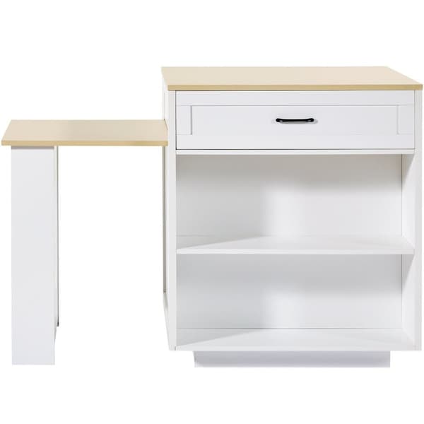 Keittiösaareke, jossa 2 ovea ja 2 laatikkoa - Ulosvedettävä työpiste - Avoimet hyllyt - 133(202)x59x93.5 cm - 2-6 hengelle - Valkoinen+luonnonvärinen