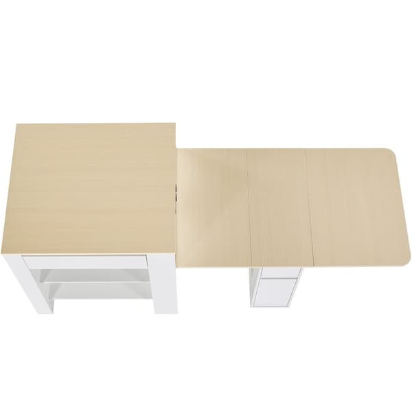 Central køkkenø med 4 skuffer og åbne hylder - Udtræksbakke - 110(214)x78x97,5 cm - Til 2 til 6 personer - Hvid + Natur