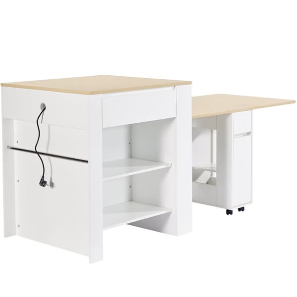 Central køkkenø med 4 skuffer og åbne hylder - Udtræksbakke - 110(214)x78x97,5 cm - Til 2 til 6 personer - Hvid + Natur