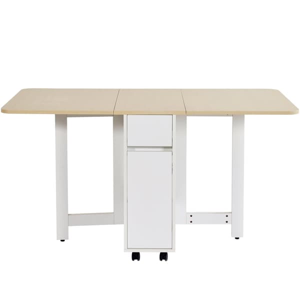 Central køkkenø med 4 skuffer og åbne hylder - Udtræksbakke - 110(214)x78x97,5 cm - Til 2 til 6 personer - Hvid + Natur