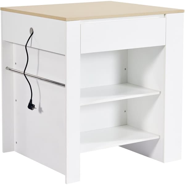Central køkkenø med 4 skuffer og åbne hylder - Udtræksbakke - 110(214)x78x97,5 cm - Til 2 til 6 personer - Hvid + Natur