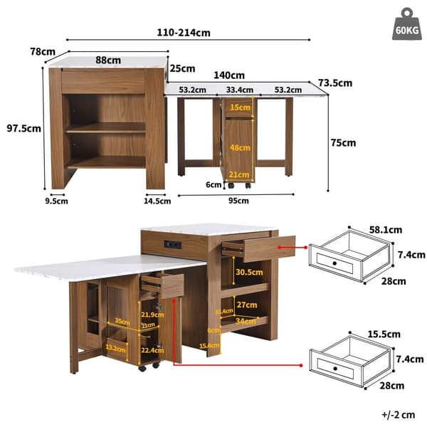 Keskuskeittiösaareke, jossa 4 laatikkoa ja avoimet hyllyt - Ulosvedettävä tarjotin - 110(214)x78x97,5 cm - 2-6 hengelle - Ruskea + valkoinen