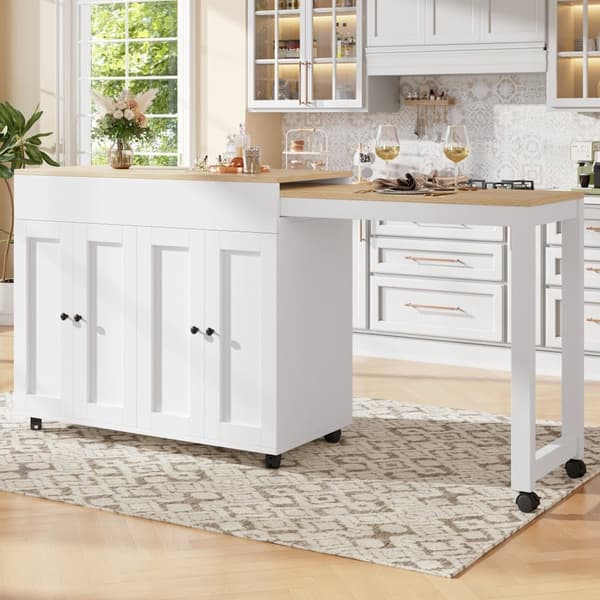 Central köksö med 4 dörrar - Utdragbar bricka - 118(180)x46x94 cm - Vit+Natur