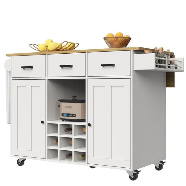 Central Kitchen Island - Vaunu ulosvedettävällä tarjottimella - 3 laatikkoa ja 2 ovea - valkoinen