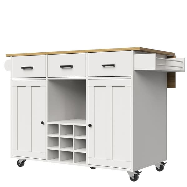 Central Kitchen Island - Vaunu ulosvedettävällä tarjottimella - 3 laatikkoa ja 2 ovea - valkoinen