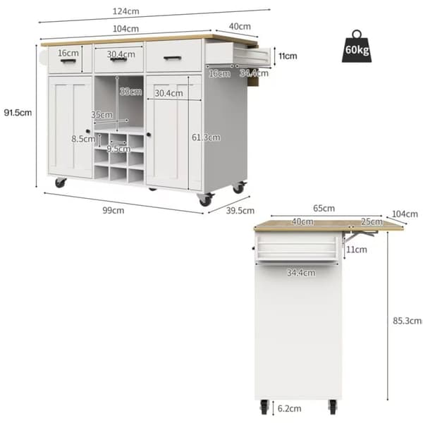 Central Kitchen Island - Vaunu ulosvedettävällä tarjottimella - 3 laatikkoa ja 2 ovea - valkoinen