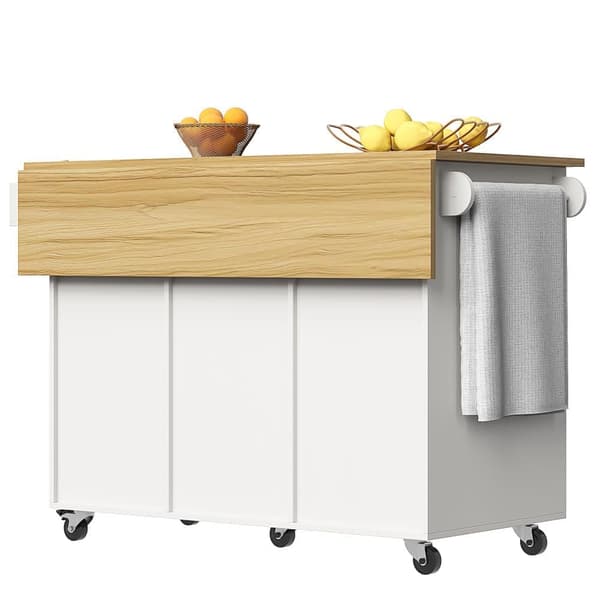 Central Kitchen Island - Vaunu ulosvedettävällä tarjottimella - 3 laatikkoa ja 2 ovea - valkoinen