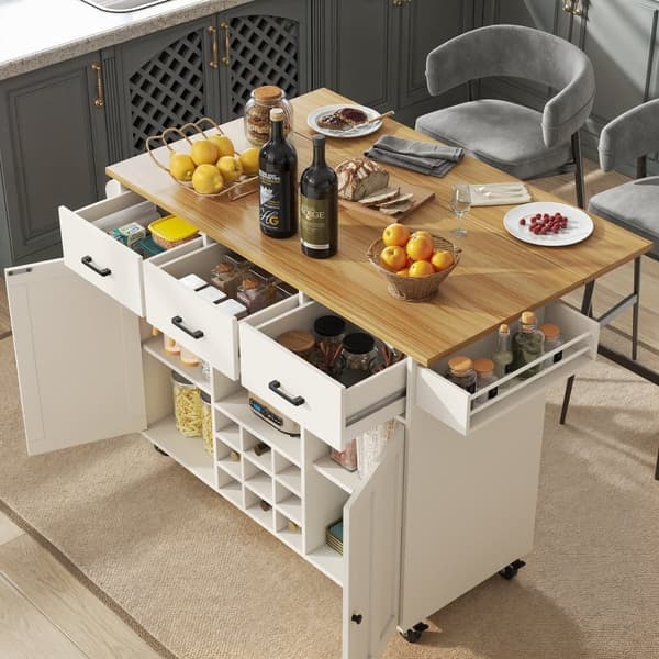 Central Kitchen Island - Vaunu ulosvedettävällä tarjottimella - 3 laatikkoa ja 2 ovea - valkoinen