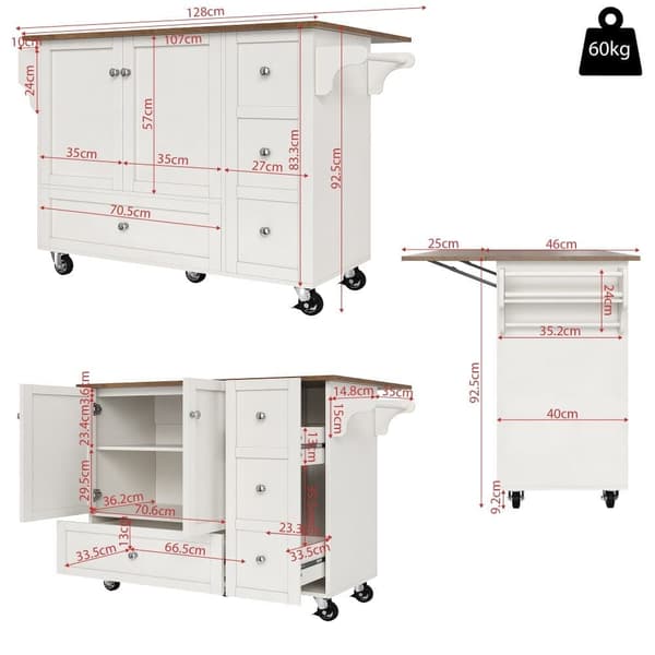 Central Kitchen Island - Vaunu ulosvedettävällä tarjottimella - 3 laatikkoa ja 2 ovea - valkoinen