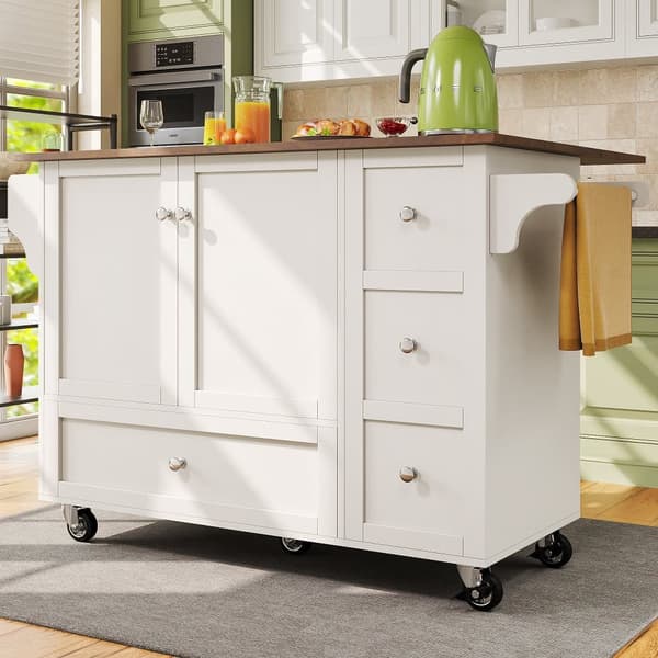 Central Kitchen Island - Vaunu ulosvedettävällä tarjottimella - 3 laatikkoa ja 2 ovea - valkoinen