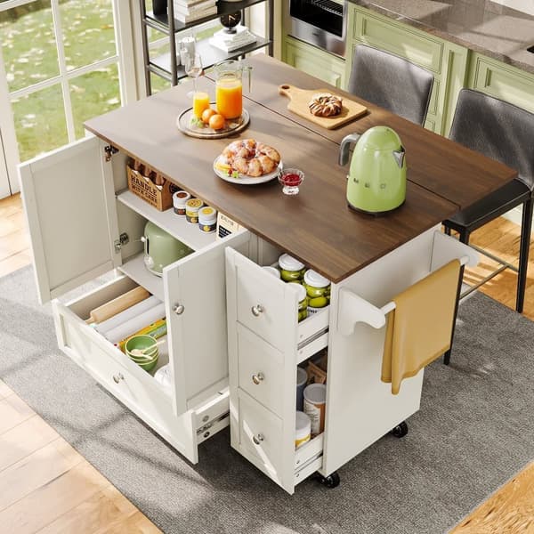 Central Kitchen Island - Vaunu ulosvedettävällä tarjottimella - 3 laatikkoa ja 2 ovea - valkoinen
