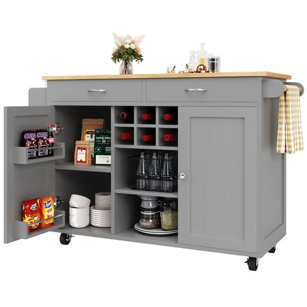 Siirrettävä keskuskeittiökaluste, jossa 2 ovea ja 2 laatikkoa - 102x45x92 cm - puu MDF - harmaa ja luonnonvärinen