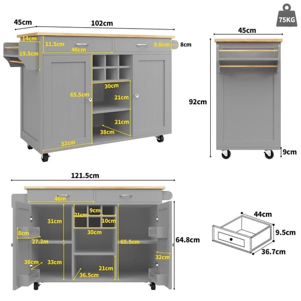 Siirrettävä keskuskeittiökaluste, jossa 2 ovea ja 2 laatikkoa - 102x45x92 cm - puu MDF - harmaa ja luonnonvärinen
