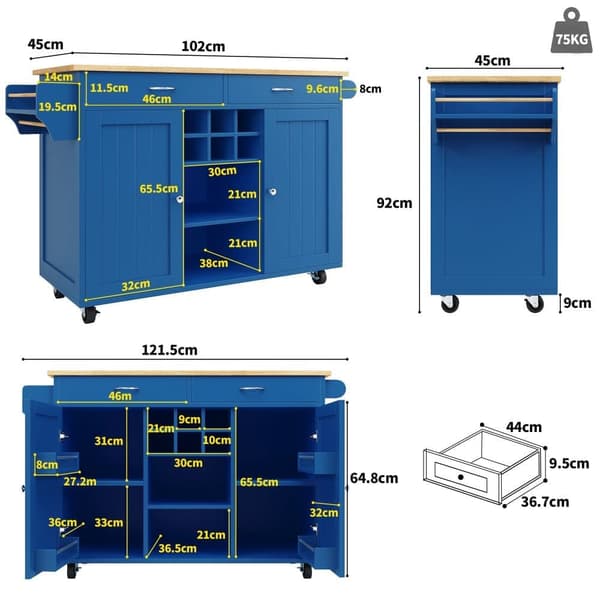 Siirrettävä keskuskeittiö 2 ovella ja 2 laatikolla - 102x45x92 cm - puu MDF - sininen ja luonnollinen