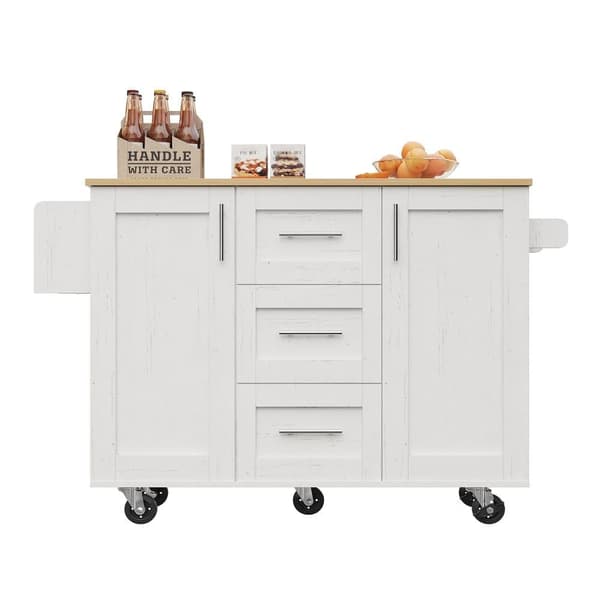 Central Kitchen Island - Vaunu ulosvedettävällä tarjottimella - 3 laatikkoa ja 2 ovea - valkoinen