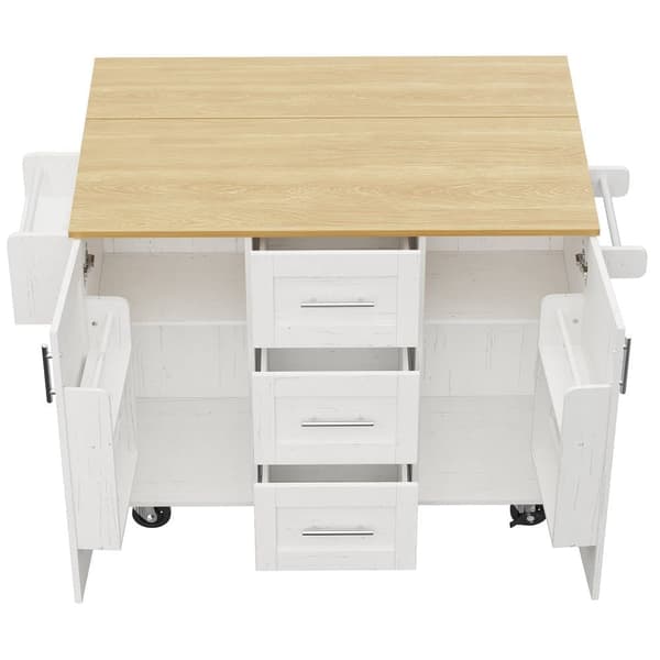 Central Kitchen Island - Vaunu ulosvedettävällä tarjottimella - 3 laatikkoa ja 2 ovea - valkoinen