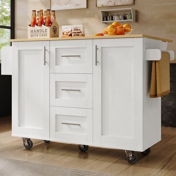 Central Kitchen Island - Vaunu ulosvedettävällä tarjottimella - 3 laatikkoa ja 2 ovea - valkoinen
