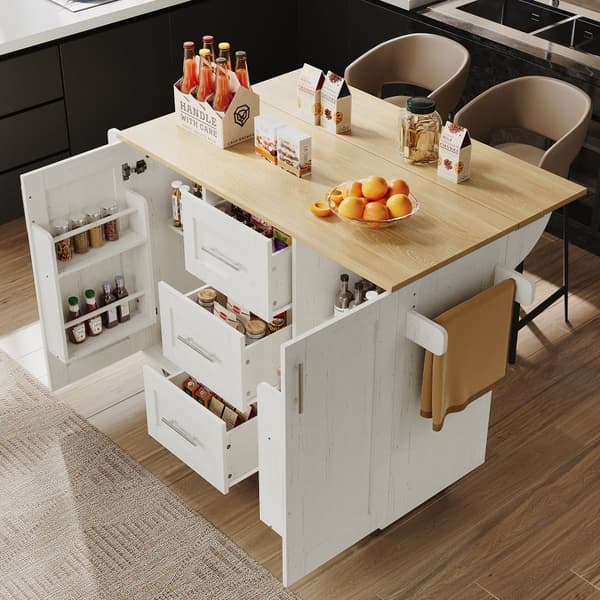 Central Kitchen Island - Vaunu ulosvedettävällä tarjottimella - 3 laatikkoa ja 2 ovea - valkoinen