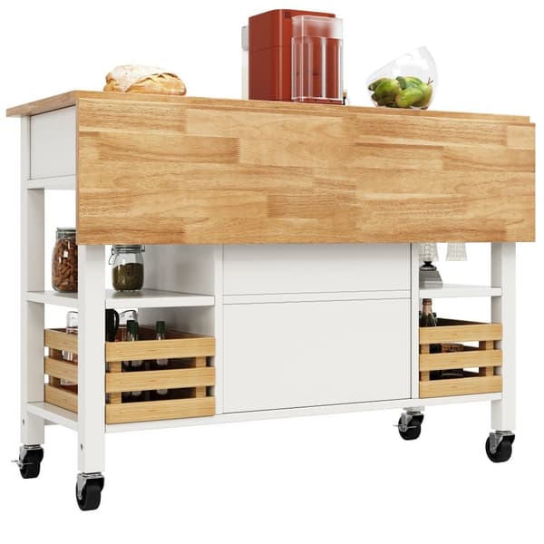 Central Kitchen Island - Vaunu ulosvedettävällä tarjottimella - 3 laatikkoa ja 2 ovea - valkoinen